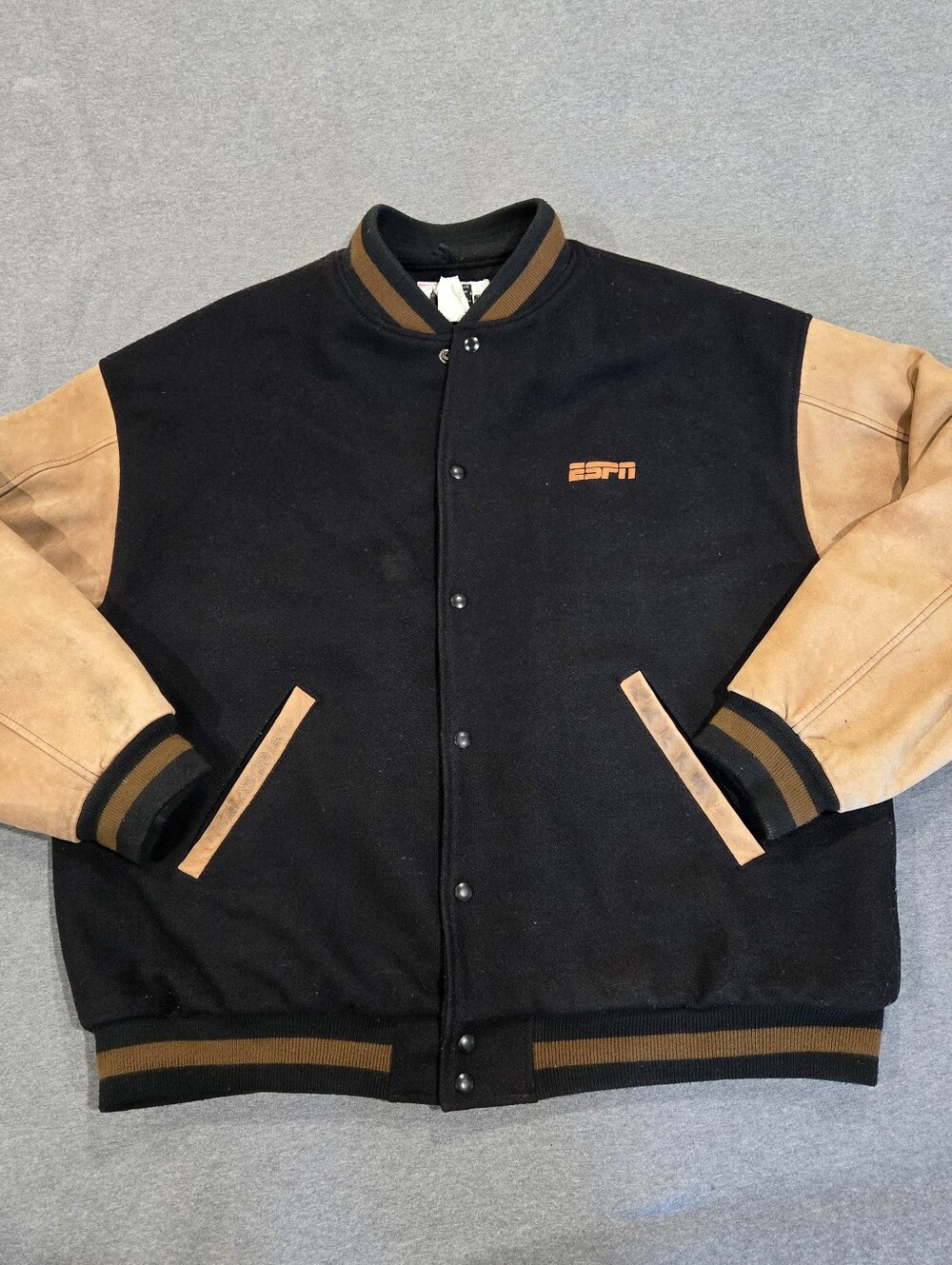 ESPN Letterman Wool & Leather  Coat Jacket Black Brown Mens XXL Quilted Varsity